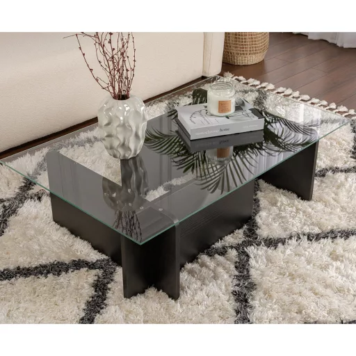 Kávový stolík s temperovaným skleneným vrchom 105x30x65cm, čierny