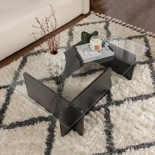 Kávový stolík s temperovaným skleneným vrchom 105x30x65cm, čierny