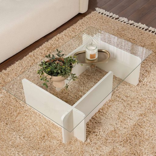 Kávový stolík s temperovaným skleneným vrchom 105x30x65cm, biely