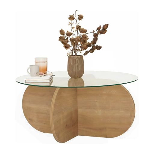 Kruhový konferenčný stolík s temperovaným skleneným vrchom 75x35x75cm, Dub