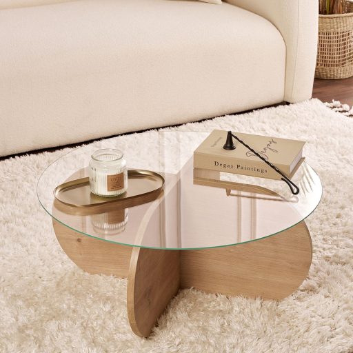 Kruhový konferenčný stolík s temperovaným skleneným vrchom 75x35x75cm, Dub