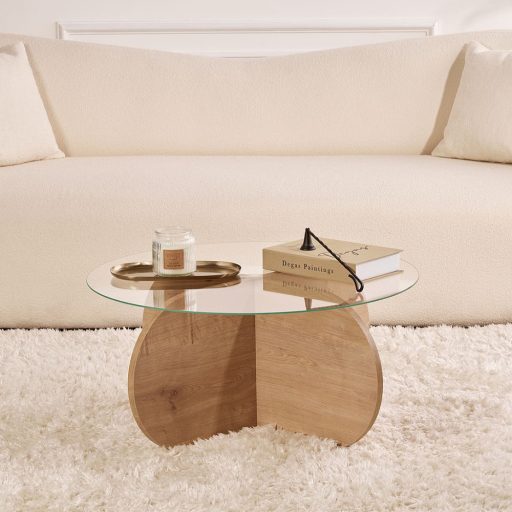 Kruhový konferenčný stolík s temperovaným skleneným vrchom 75x35x75cm, Dub