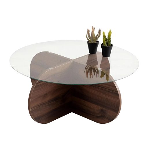 Kruhový konferenčný stolík s temperovaným skleneným vrchom 75x35x75cm, orech