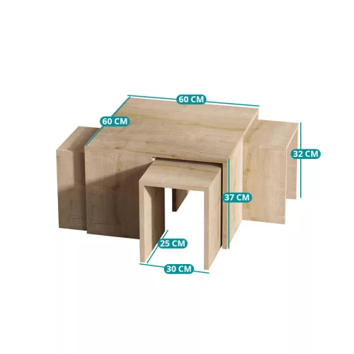 Kávový stolík so skrytými bočnými stolíkmi, 5 kusov dub