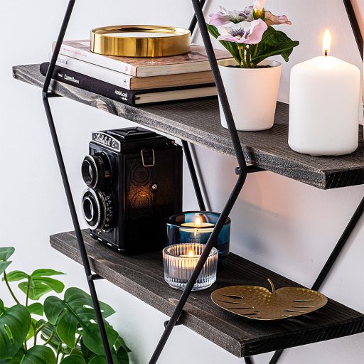 Diamantová kovová polica 60x40x15cm, čierna-javor