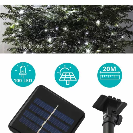 Solárna záhradná svietiaca reťaz 100 LED, studené biele svetlo, 20 m