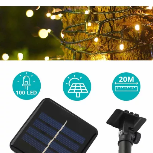 Solárna záhradná svietiaca reťaz 100 LED, teplé biele svetlo, 20 m