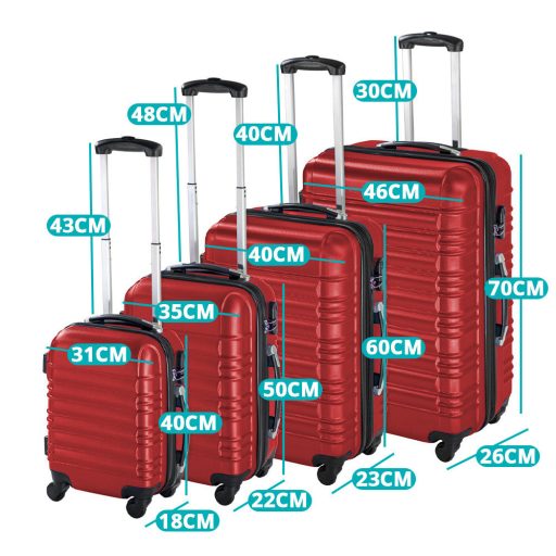 Sada 4 cestovných kufrov s tvrdým krytom, 4 rôzne farby-červená