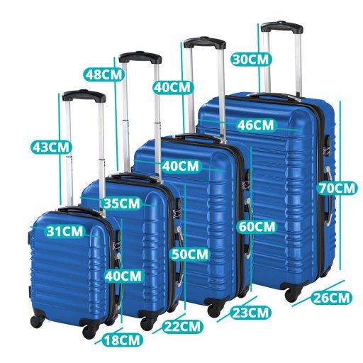 Sada 4 cestovných kufrov s tvrdým krytom, 4 rôzne farby-modrá