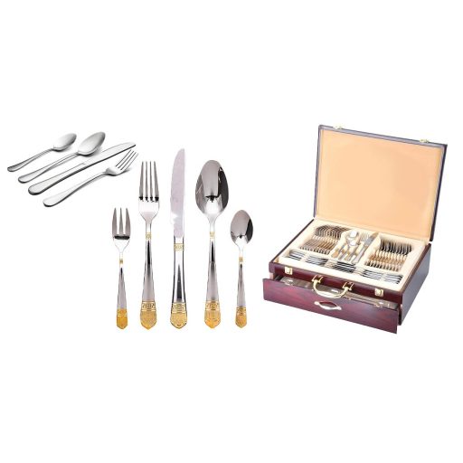 84 dielna sada príborov, rôzne farby, strieborno- zlatá