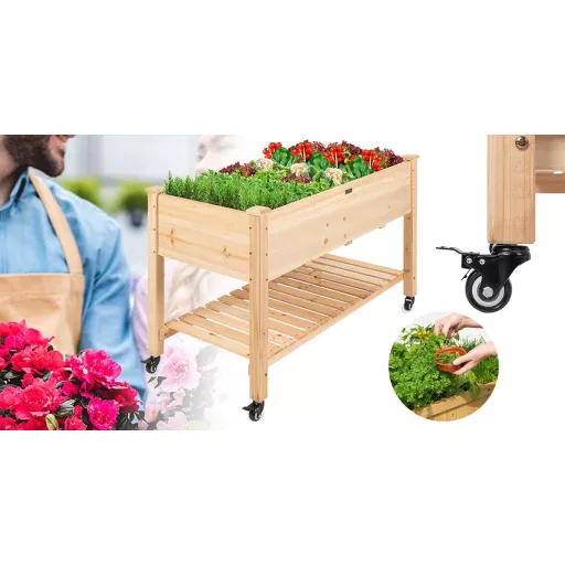 Vyvýšený drevený záhon na kolieskach