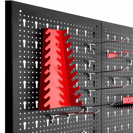 Kovový nástenný organizér na náradie s háčikmi a zásobníkmi