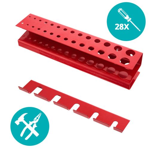 Kovový nástenný organizér na náradie s háčikmi a zásobníkmi