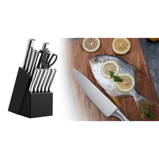 16-dielna súprava nožov z nehrdzavejúcej ocele v drevenom držiaku, s brúskou a nožnicami