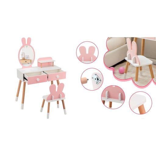 Zajačikovský detský toaletný stolík so zrkadlom a stoličkou
