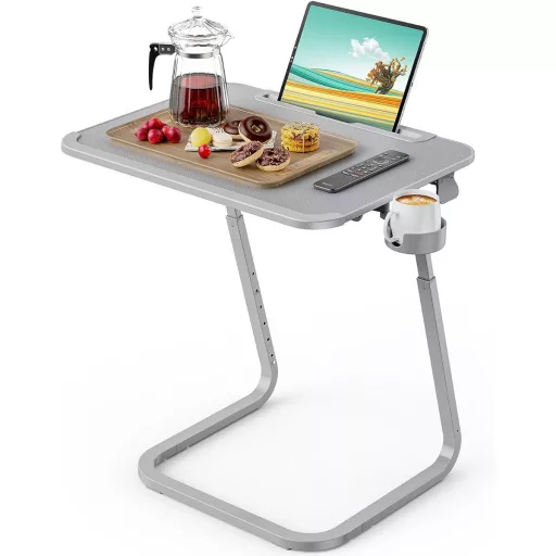 Stolík na raňajky s nastaviteľnou výškou a stojanom na tablety, sivý