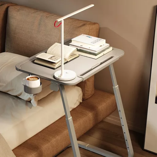 Stolík na raňajky s nastaviteľnou výškou a stojanom na tablety, sivý