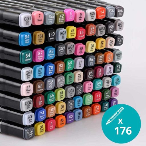 Obojstranná sada alkoholových fixiek v drevenej škatuľke, 176 ks