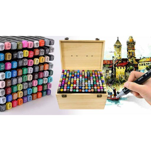 Obojstranná sada alkoholových fixiek v drevenej škatuľke, 176 ks