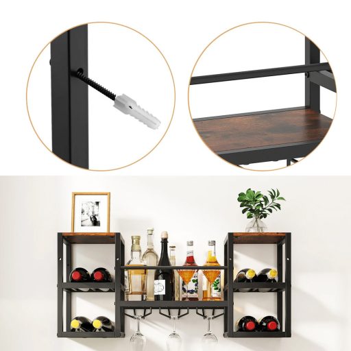 Kovový nástenný držiak na víno s držiakom na poháre