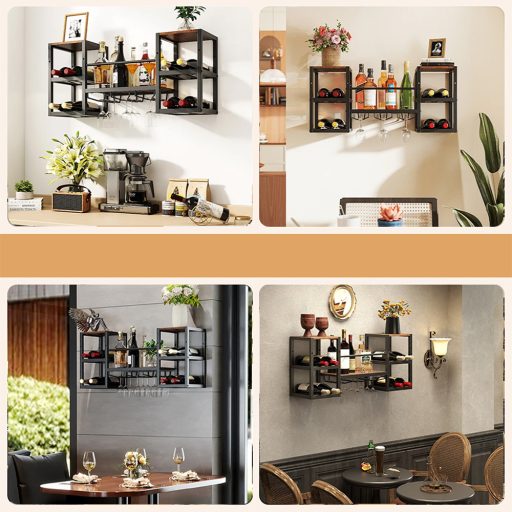 Kovový nástenný držiak na víno s držiakom na poháre