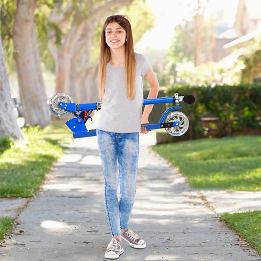 Skladacia hliníková kolobežka s LED kolieskami modrá