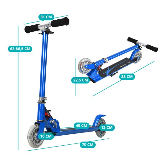 Skladacia hliníková kolobežka s LED kolieskami modrá