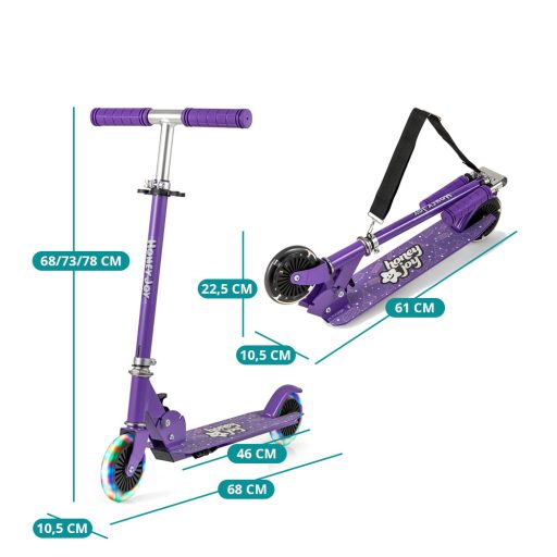 Skladacia detská kolobežka z ľahkej hliníkovej zliatiny s LED svetlami na kolesách, fialová