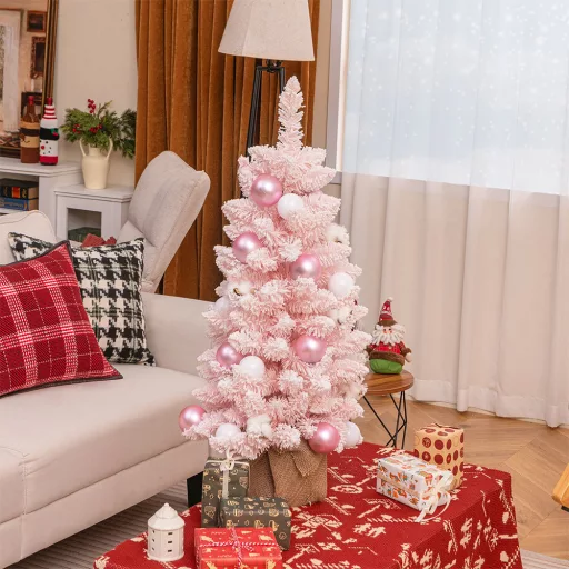 Snehový umelý vianočný stromček s ozdobami 90 cm ružový
