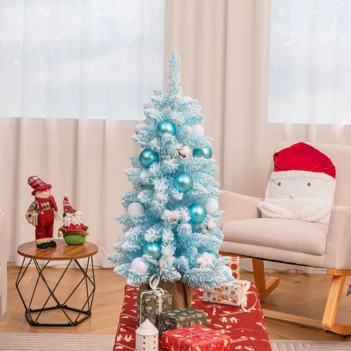 Snehový umelý vianočný stromček s ozdobami 90cm modrý