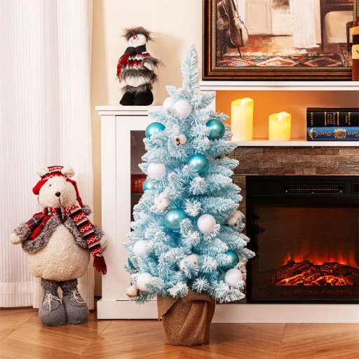Snehový umelý vianočný stromček s ozdobami 90cm modrý