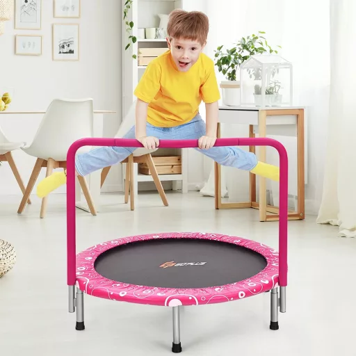 Skladací detský trampolín s madlom, ružový