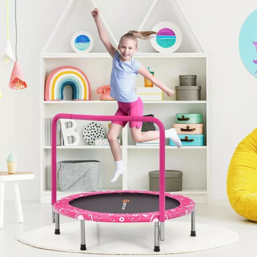 Skladací detský trampolín s madlom, ružový