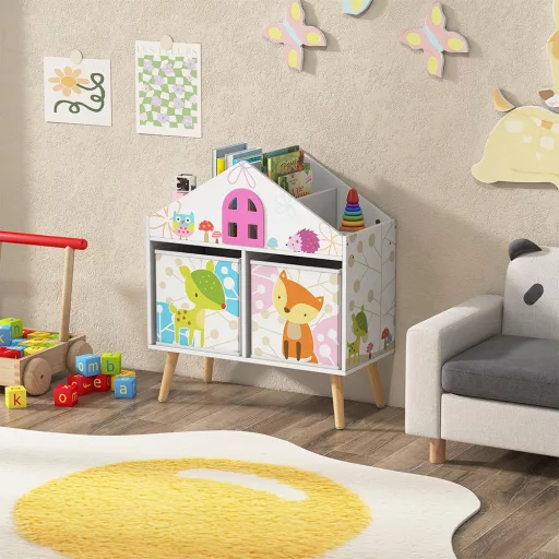 Knižnica v tvare domu s 2 úložnými boxmi