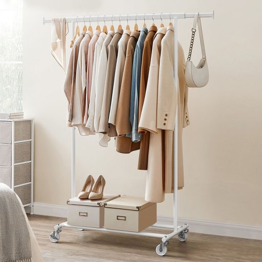 Nastaviteľný pojazdný stojan na oblečenie, biely
