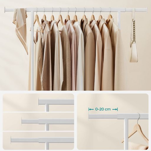 Nastaviteľný pojazdný stojan na oblečenie, biely