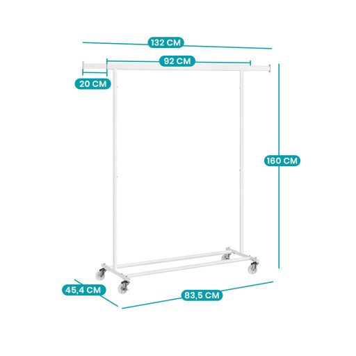 Nastaviteľný pojazdný stojan na oblečenie, biely