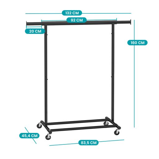 Nastaviteľný pojazdný stojan na oblečenie, čierny