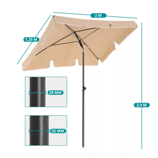 Nastaviteľný slnečník s taškou, 2x1.25m orech
