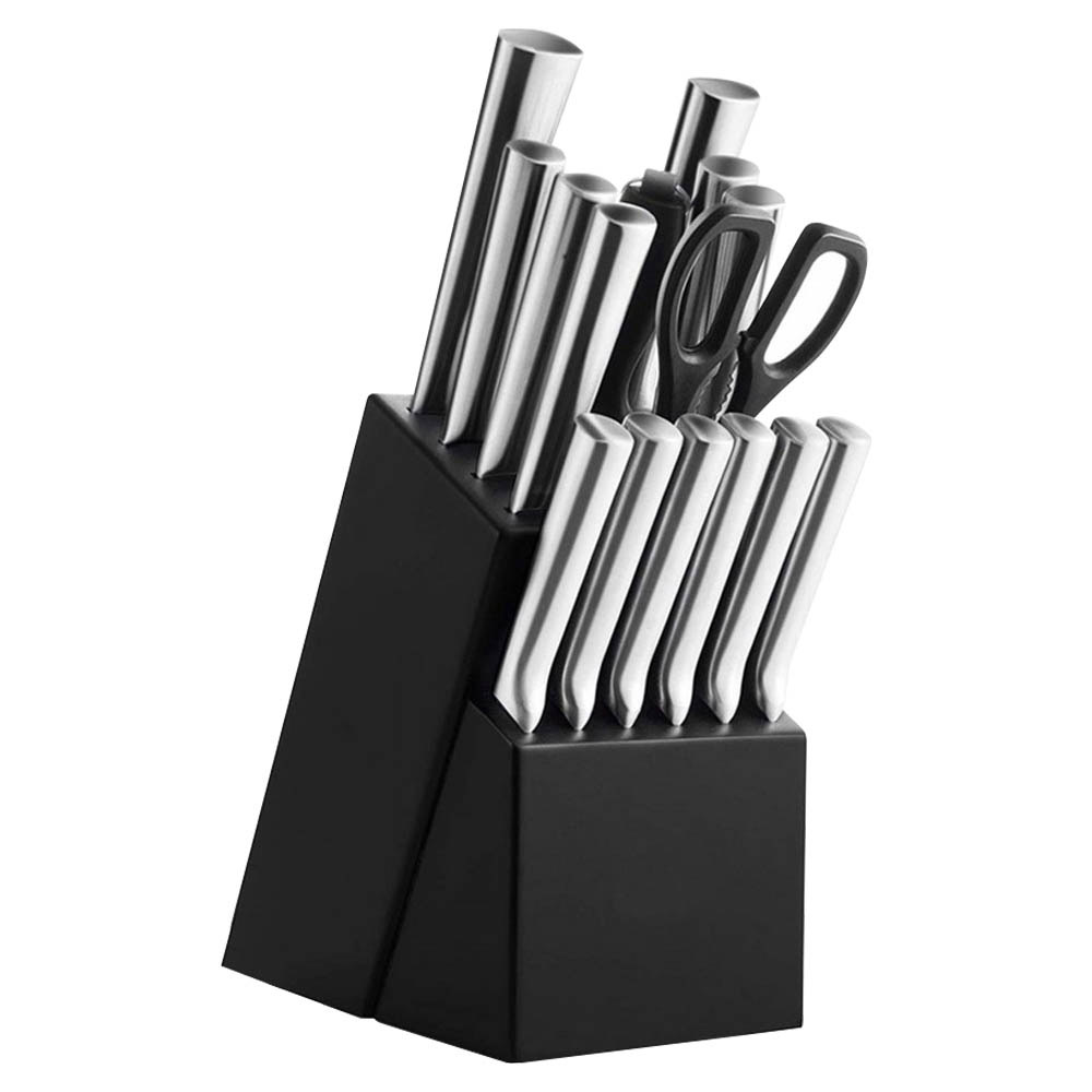 E-shop 16-dielna súprava nožov z nehrdzavejúcej ocele v drevenom držiaku, s brúskou a nožnicami