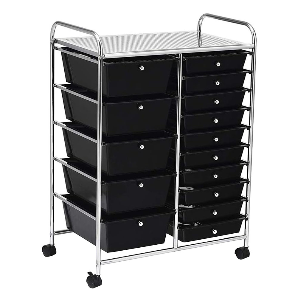 Mobilný úložný vozík s 15 zásuvkami, rôzne farby, čierny